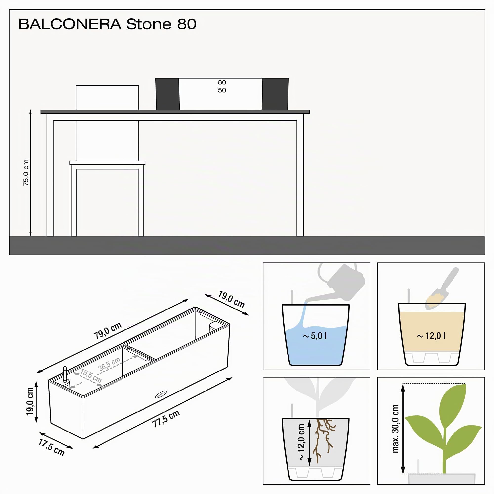 Lechuza Balconera Stone 80 Balkonkasten Graphitschwarz 80cm