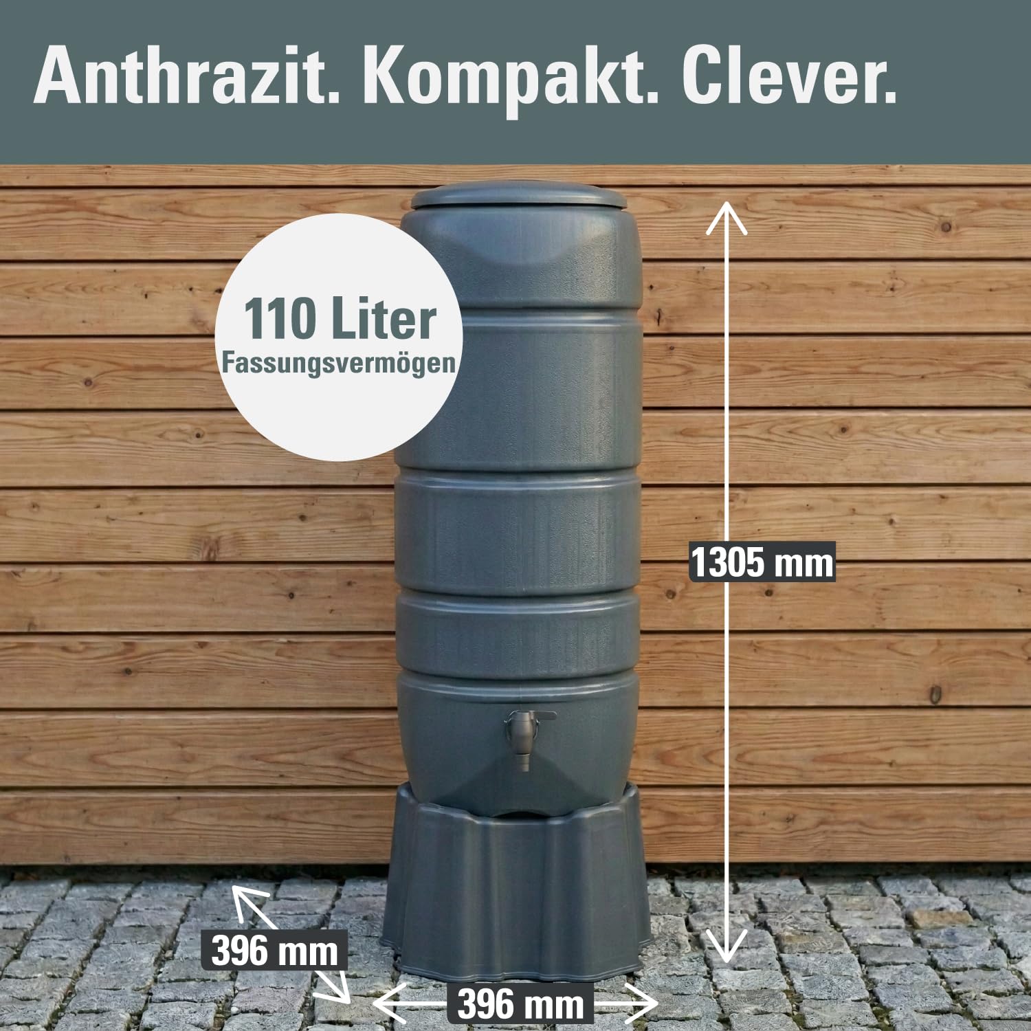 Prosperplast Vuelta Regentonne 110L anthrazit mit Sockel und Hahn