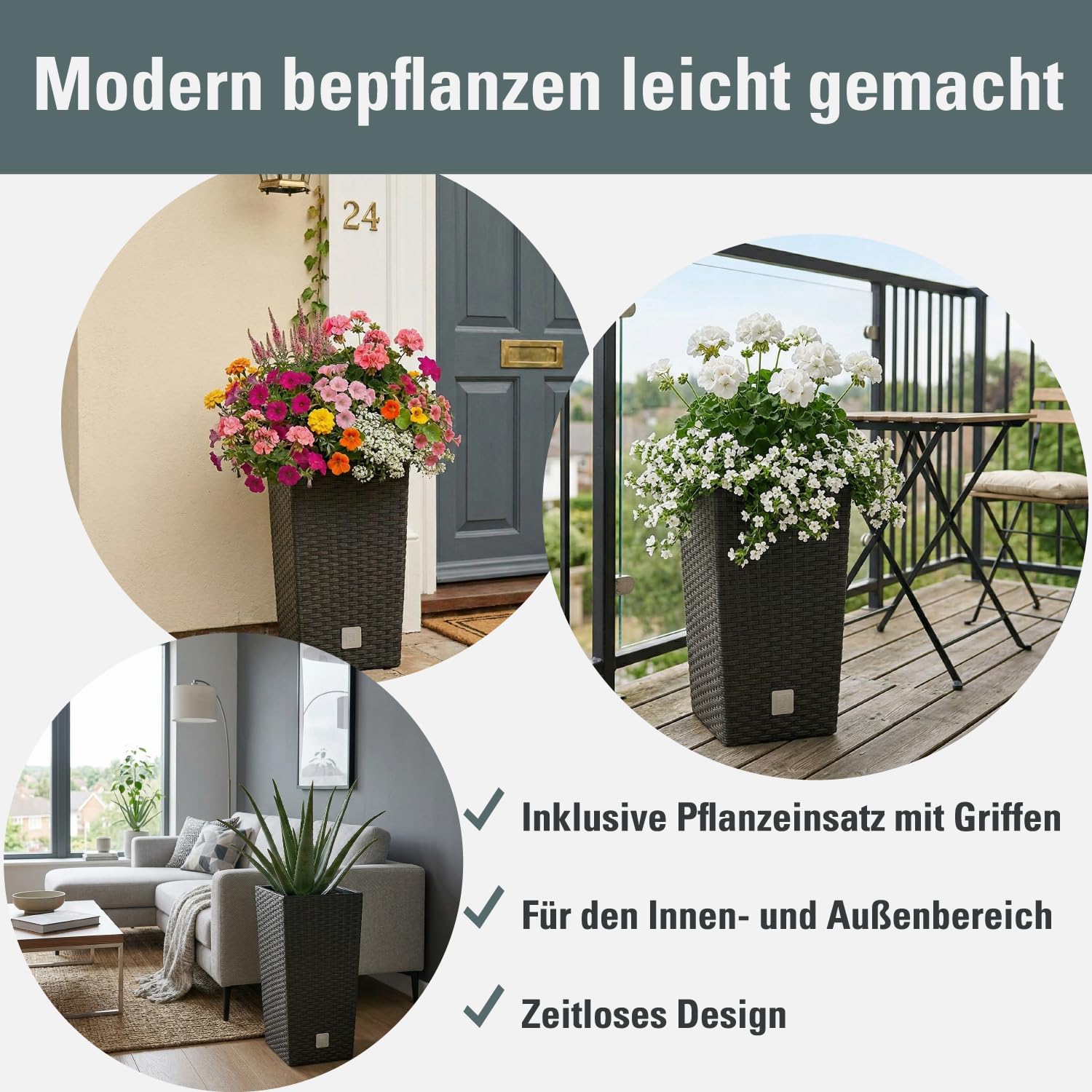 Prosperplast Rato Blumentopf anthrazit 50 cm Rattan