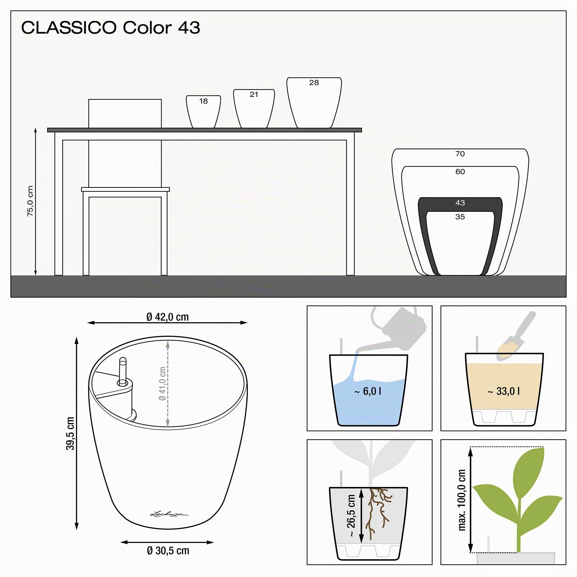 Lechuza Classico Color 43 Pflanztopf schiefergrau mit Bewässerung