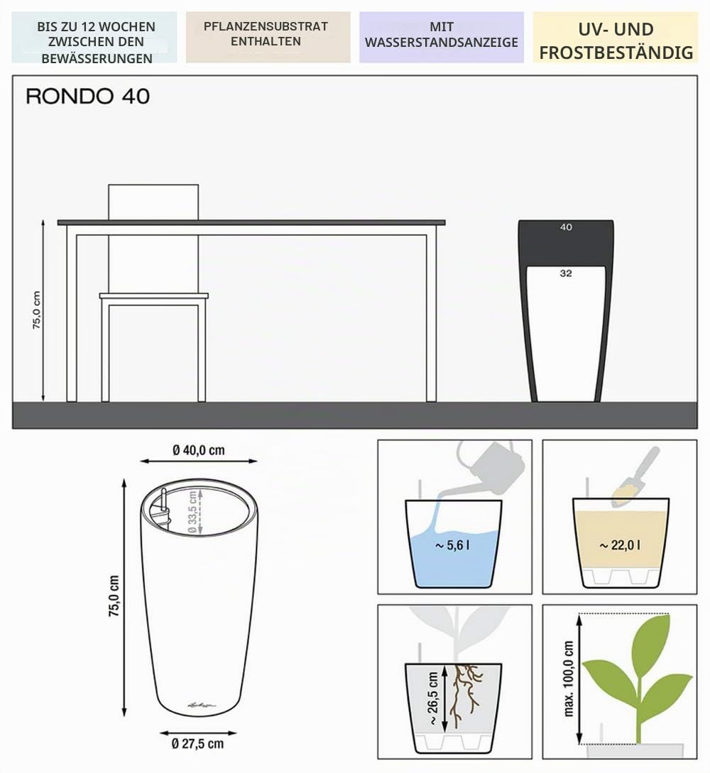 Lechuza Rondo Premium 40 Pflanzgefäß Silber Metallic Bewässerung