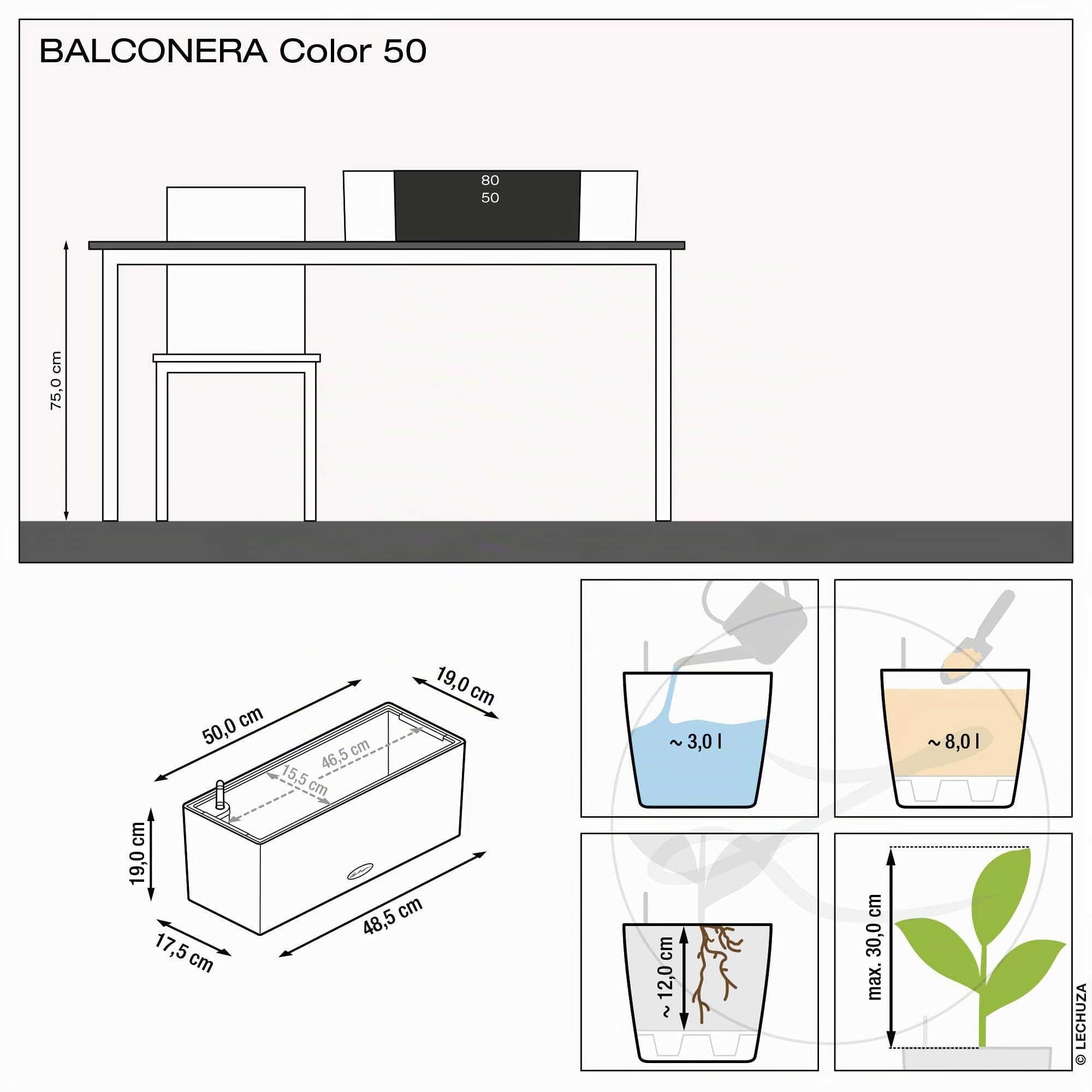 Lechuza Balconera Color 50 Blumenkasten Muskat mit Bewässerung
