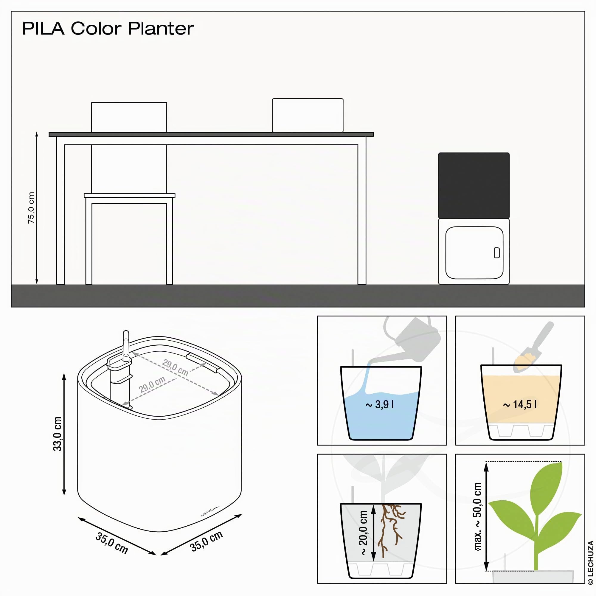 Lechuza Pila Planter Pflanztopf schiefergrau 35 cm Bewässerung