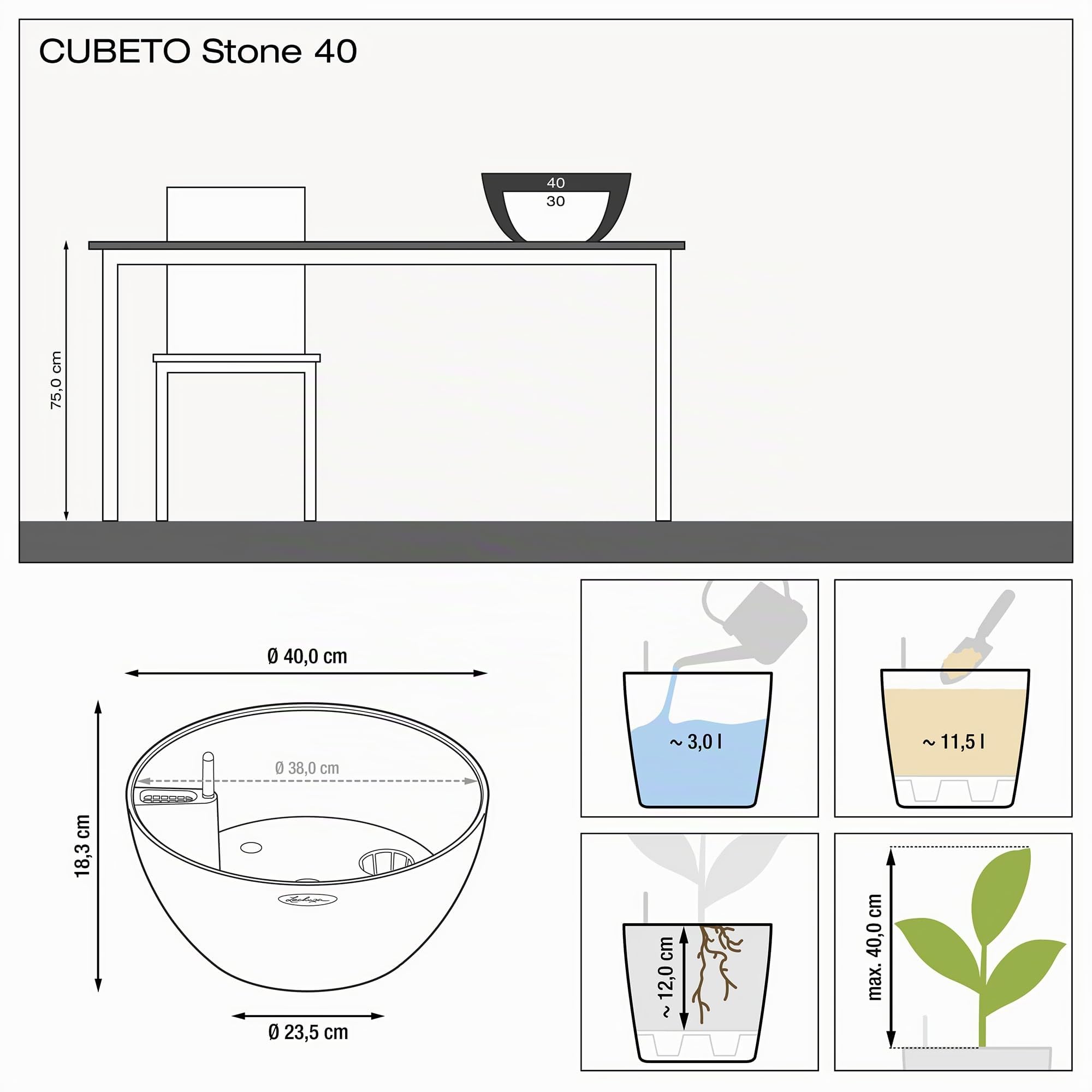 Lechuza Cubeto Stone 40 Pflanzschale Graphitschwarz Bewässerung