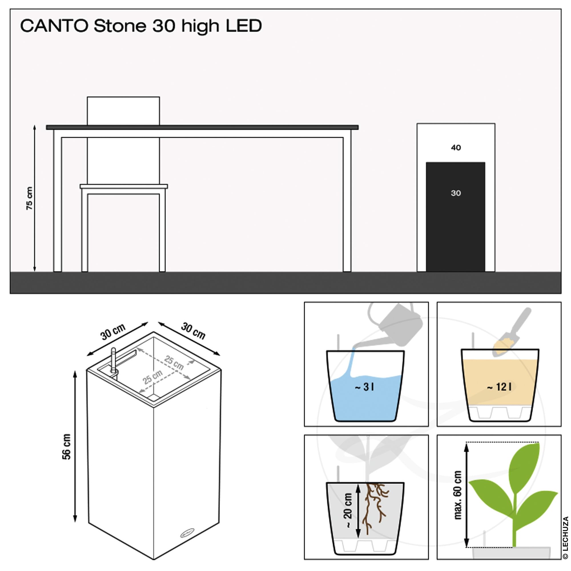 Lechuza Canto Stone 30 high Pflanzgefäß Quarzweiß mit LED