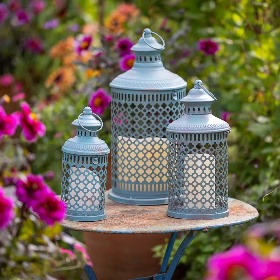 Sarah Raven Teal Lantern Set Laternen 3er Eisen petrol 43cm