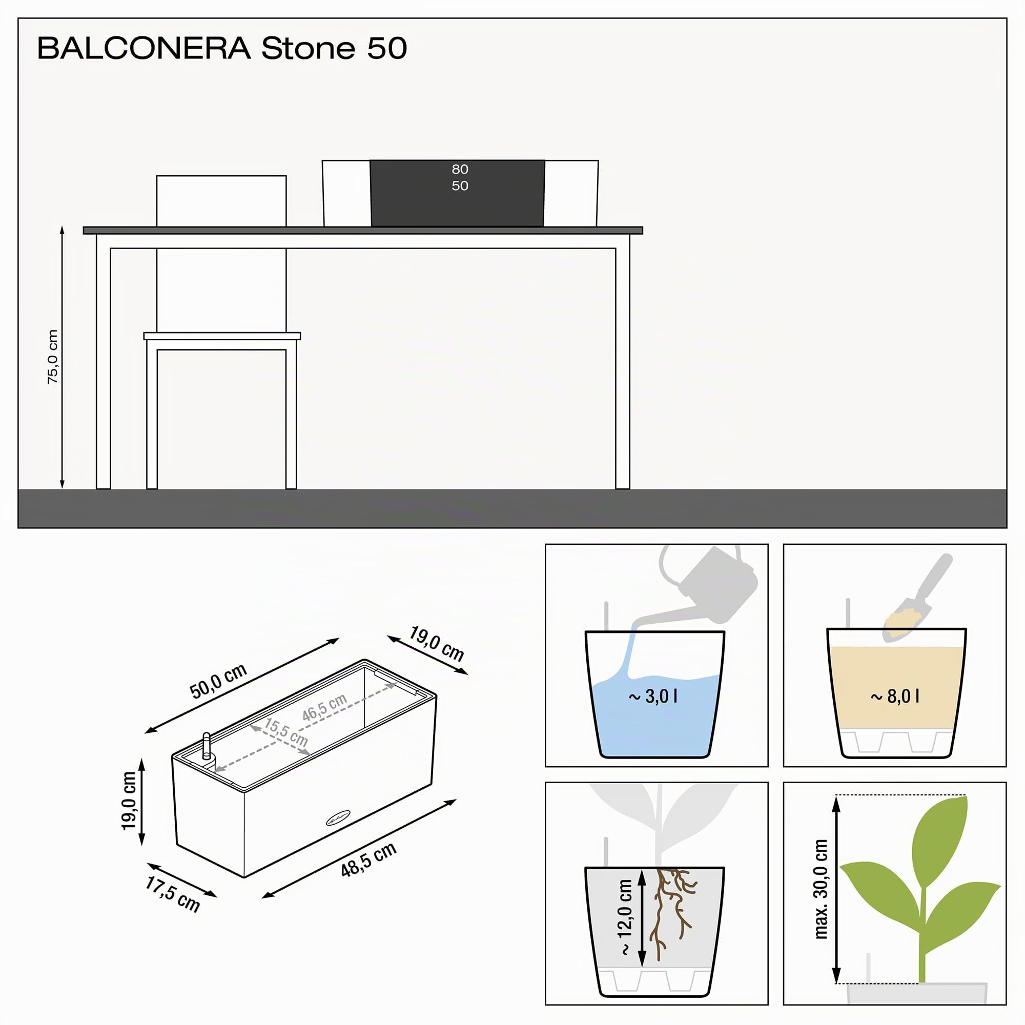 Lechuza Balconera Stone Pflanzkasten 50 cm steingrau Bewässerung