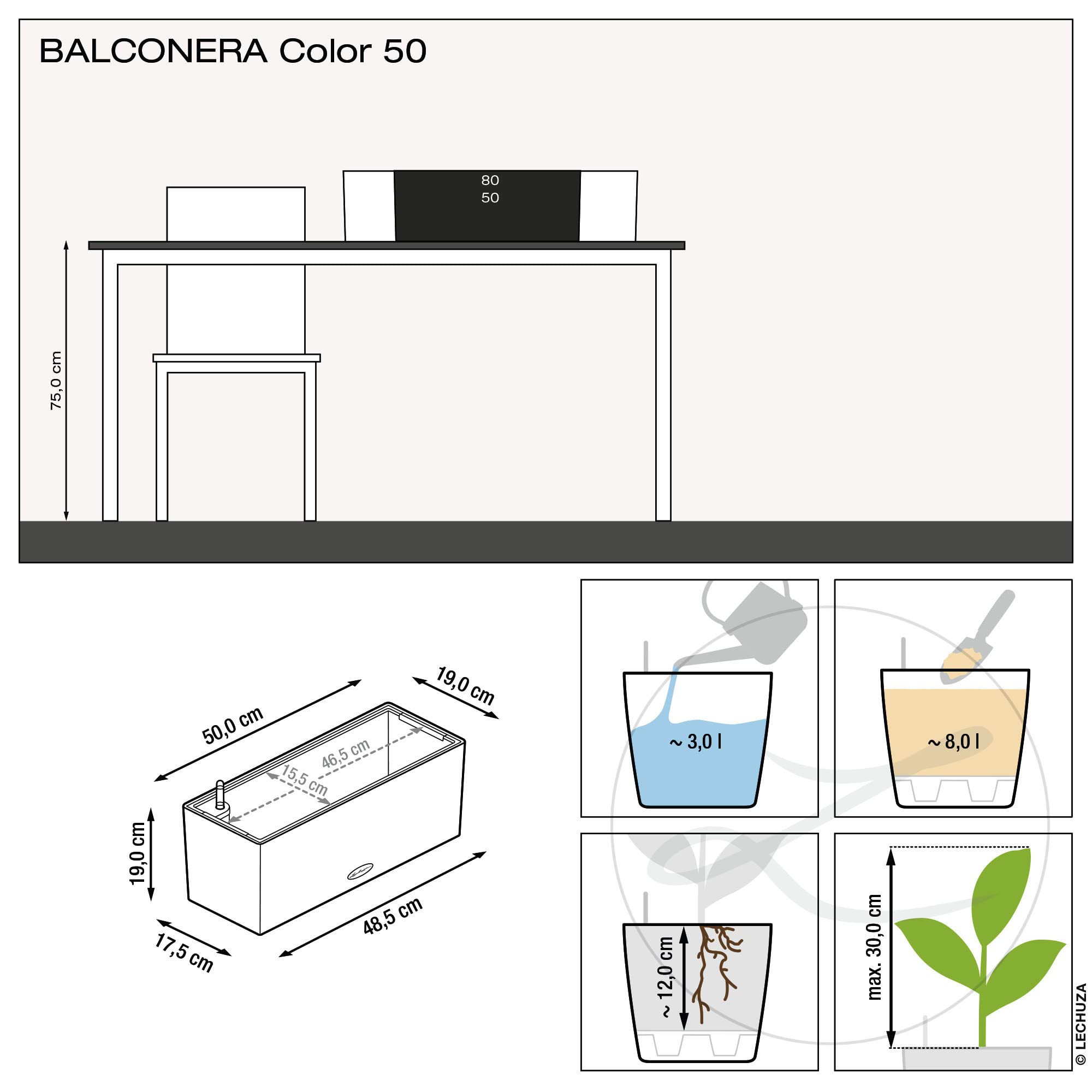 Lechuza Balconera Color 50 Balkonkasten Weiß 50cm mit Bewässerung
