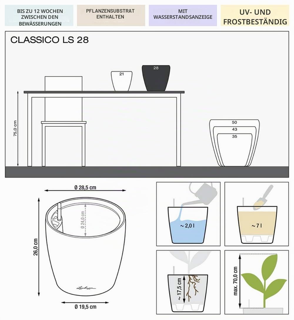 Lechuza Classico Premium LS 28 Blumentopf Silber Metallic