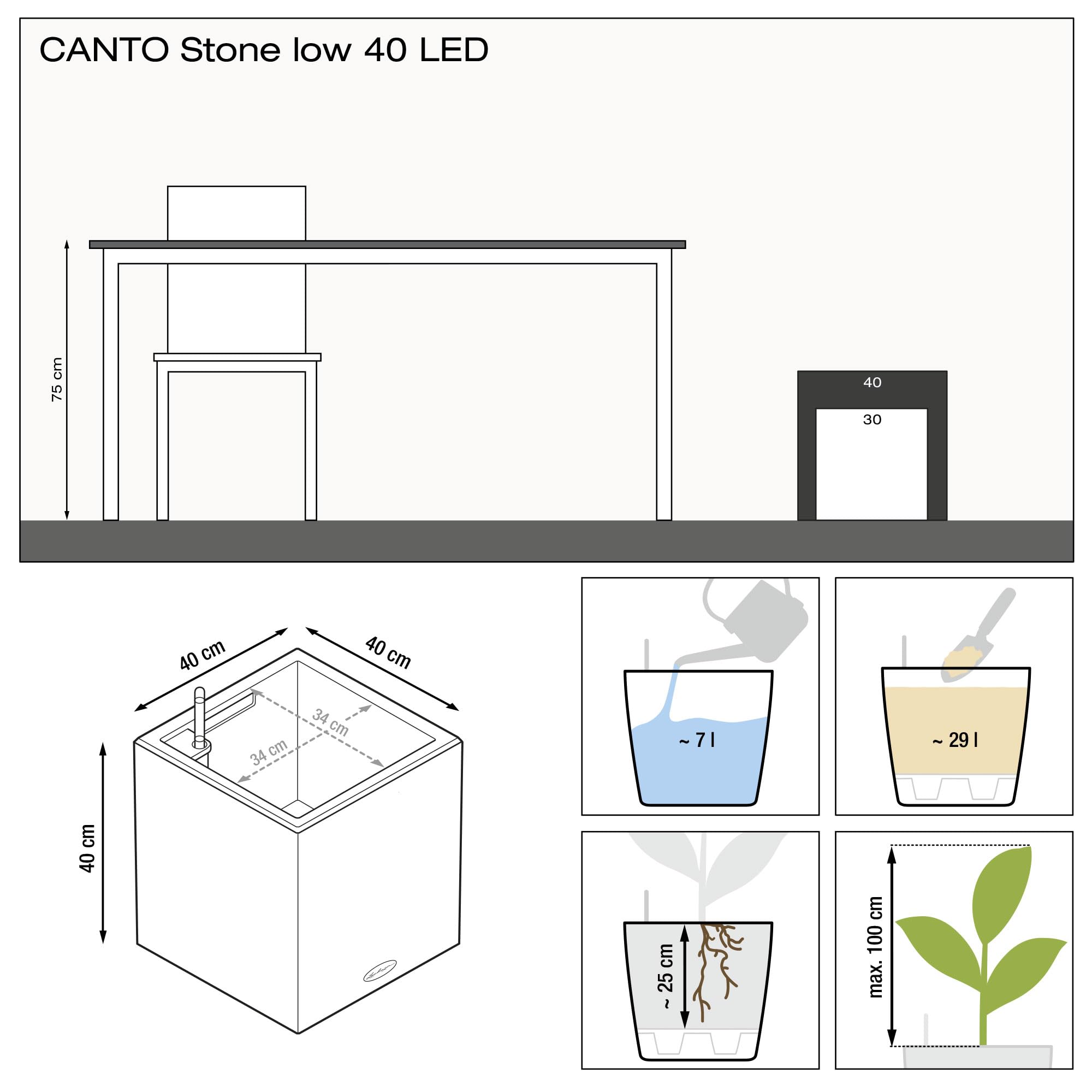 Lechuza Canto Stone 40 LED Low Pflanztopf Graphitschwarz Set