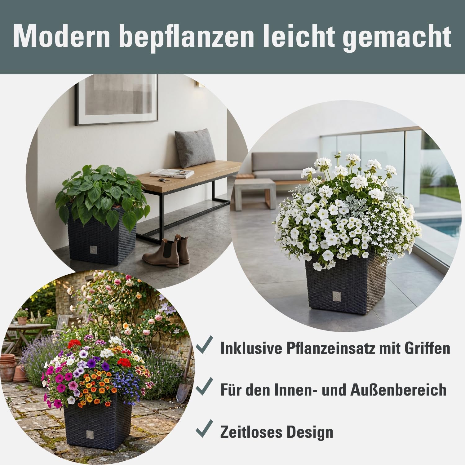 Prosperplast Rato Blumentopf anthrazit 40cm eckig mit Einsatz