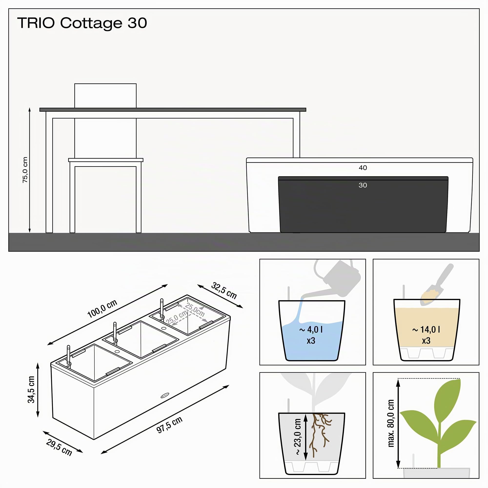 Lechuza Trio Cottage 30 Pflanzgefäß Weiß mit Bewässerung