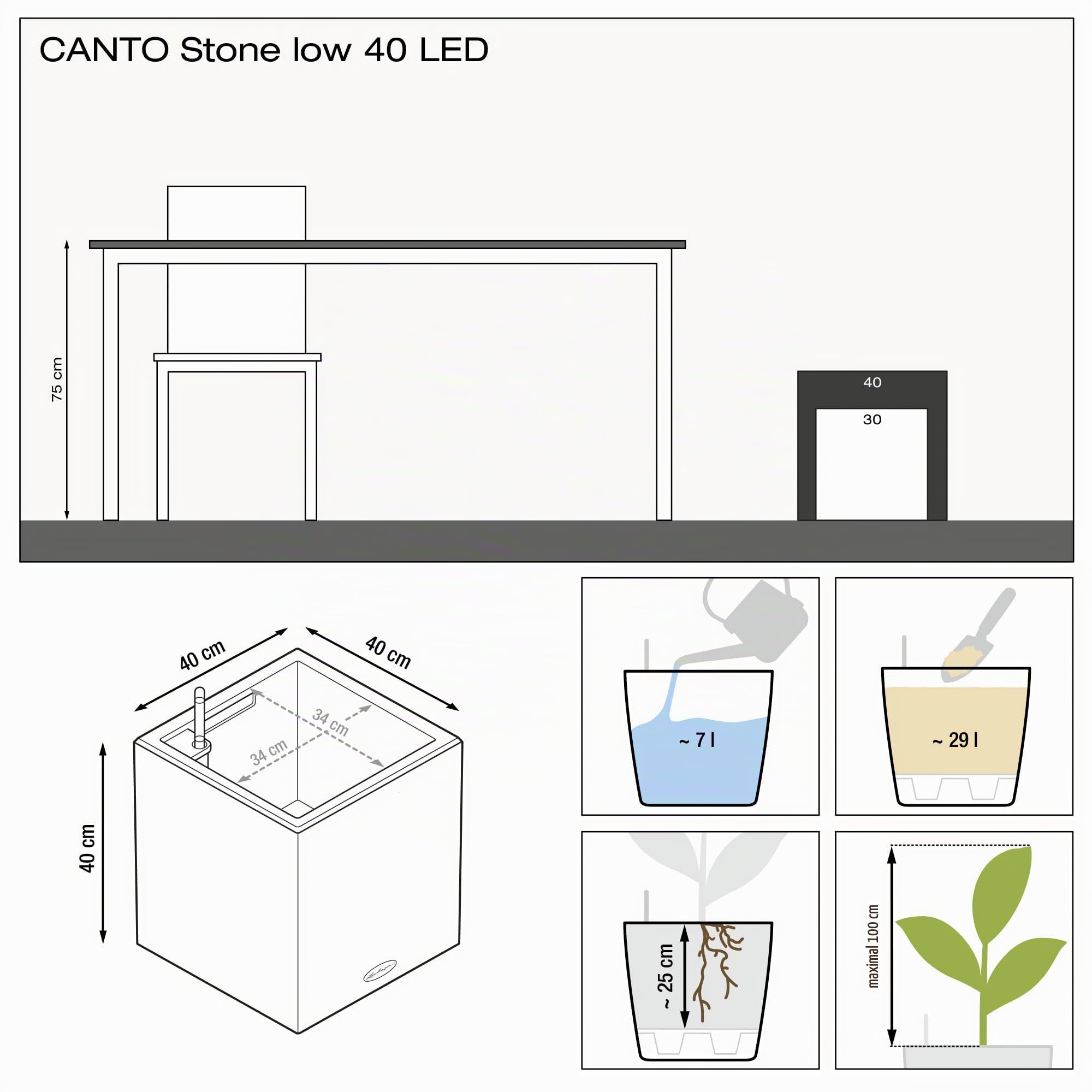 Lechuza Canto Stone 40 LED Pflanzgefäß Steingrau