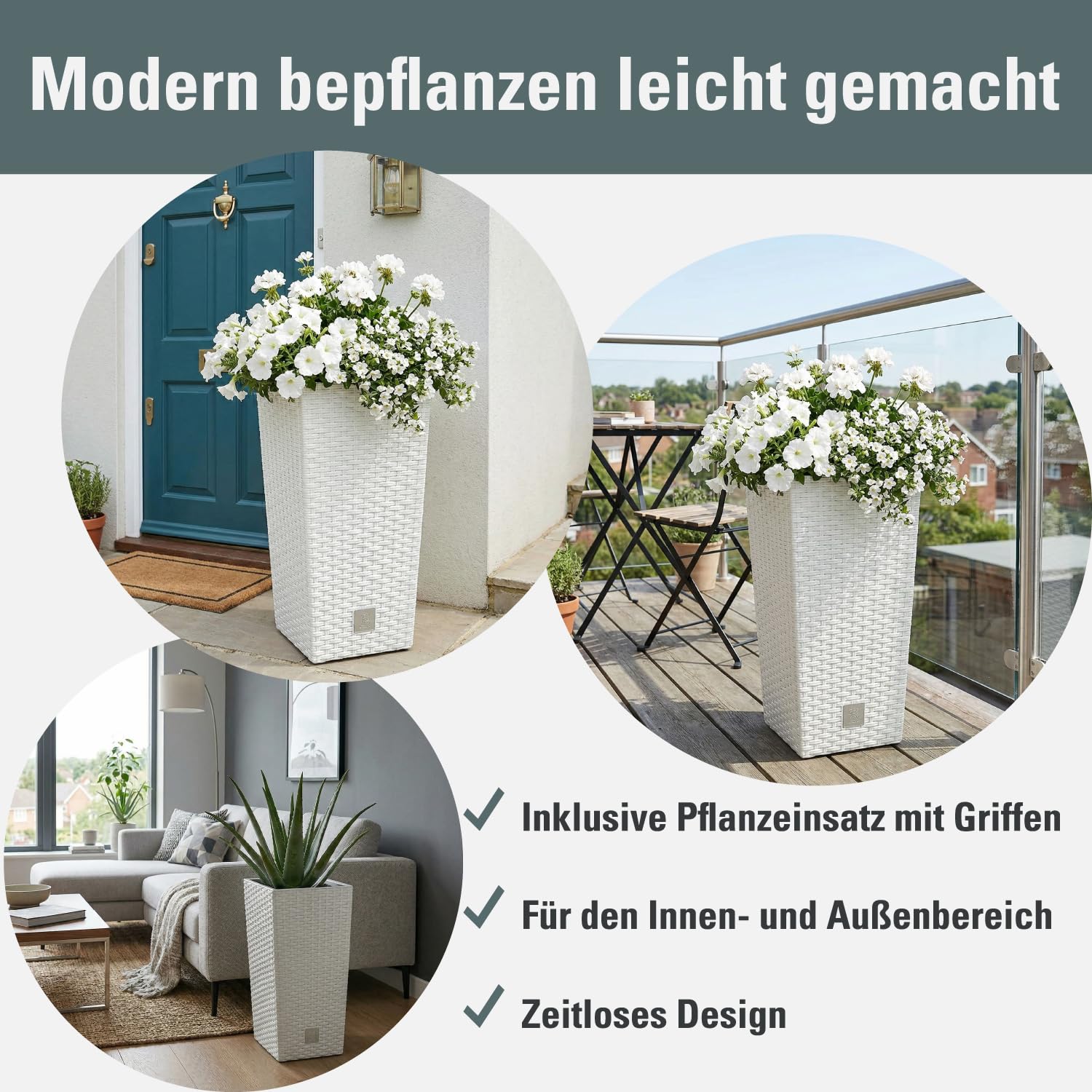 Prosperplast Rato Square Blumentopf Weiß Rattan 26,5x50cm