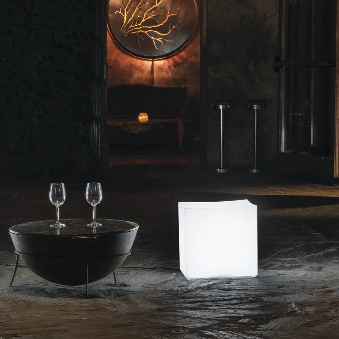 Serralunga Lounge Cube Hocker Weiß 37 cm mit Licht Kabel