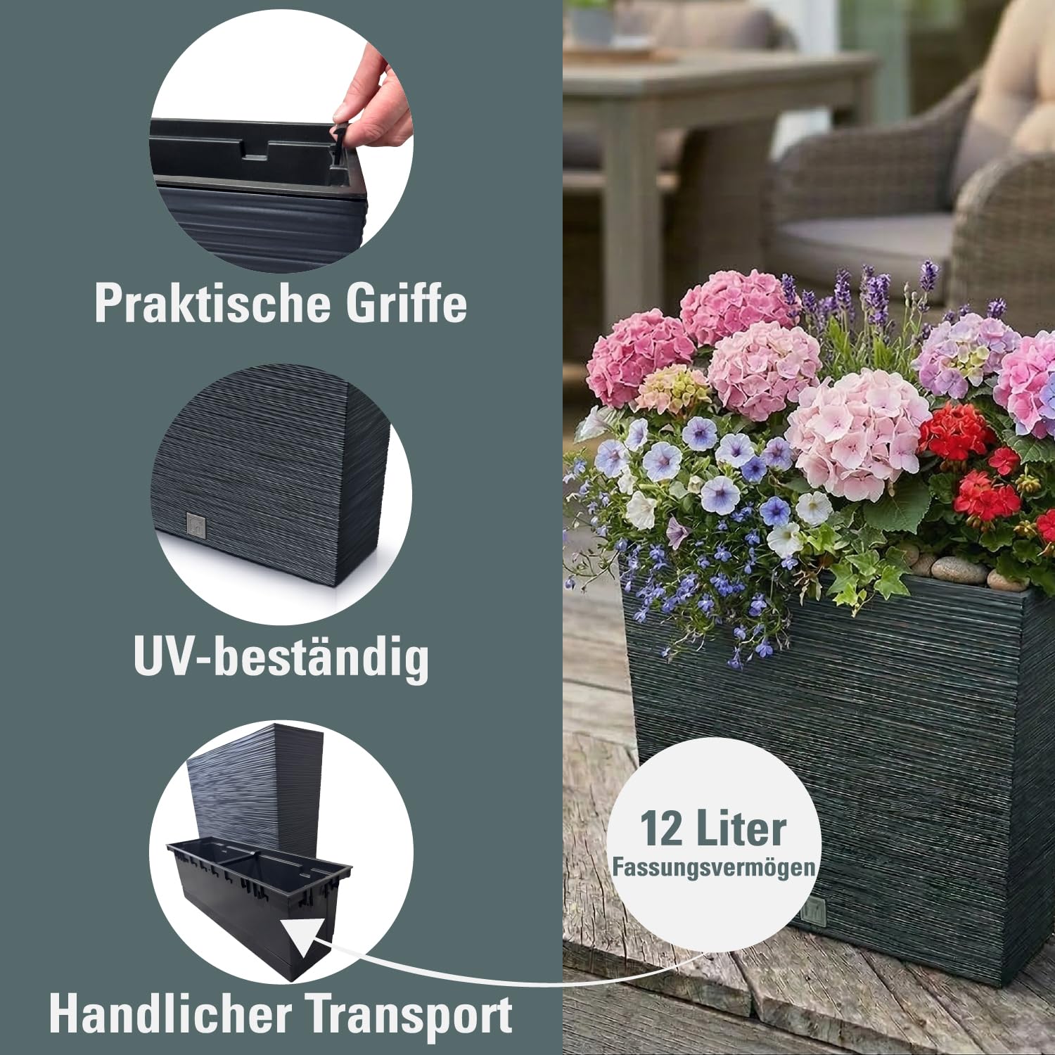 Prosperplast Boardee Blumenkasten Anthrazit 58 cm mit Einsatz