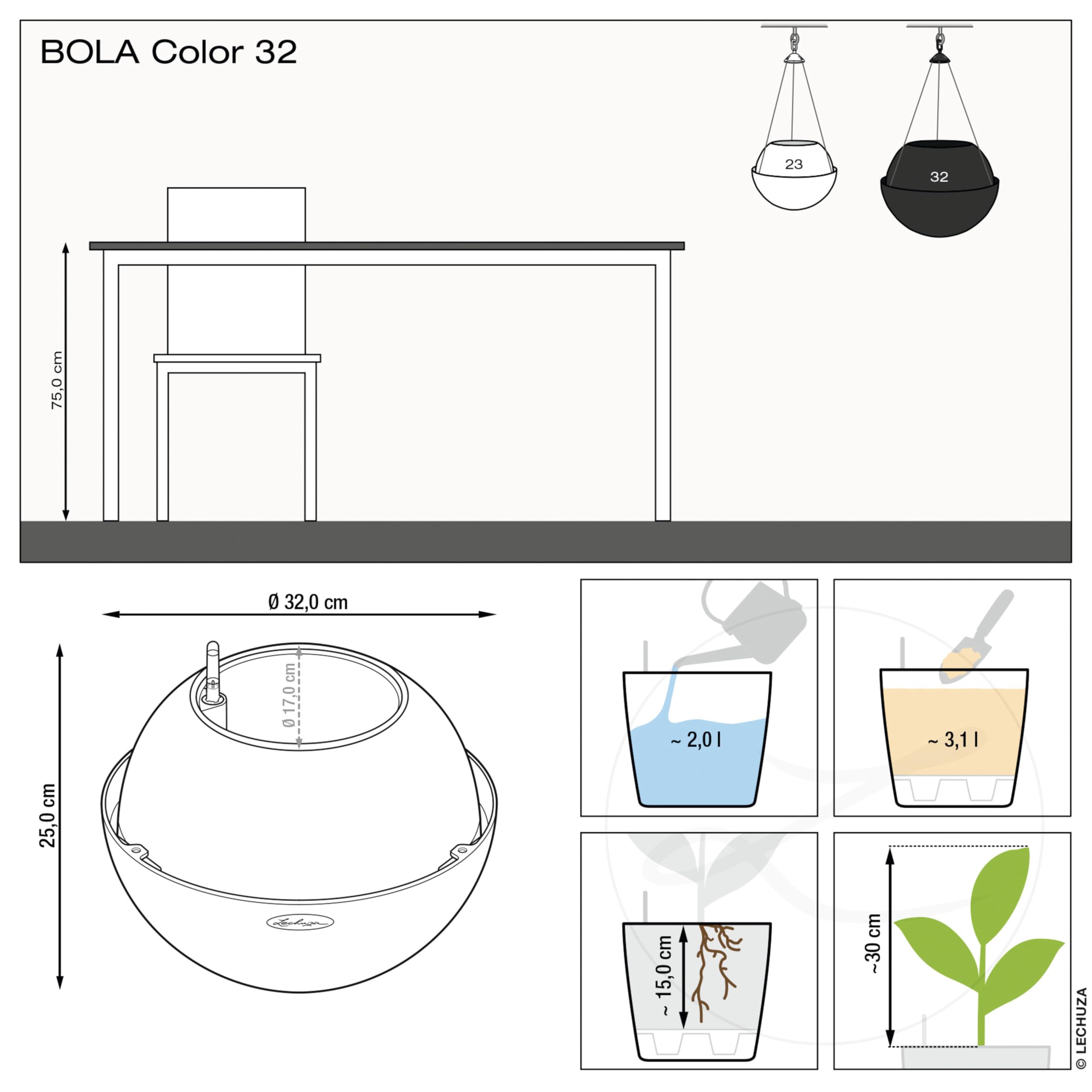 Lechuza Bola Color 32 Hängeampel Weiß mit Bewässerung