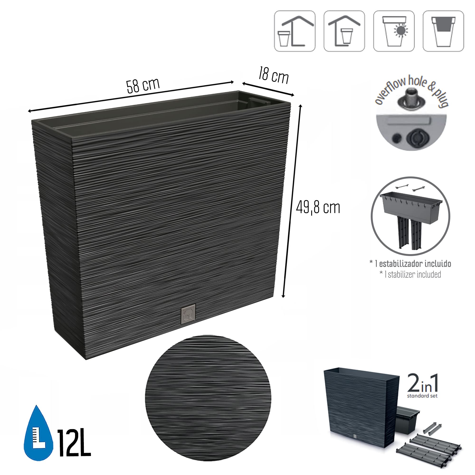Prosperplast Boardee Blumenkasten Anthrazit 58 cm mit Einsatz
