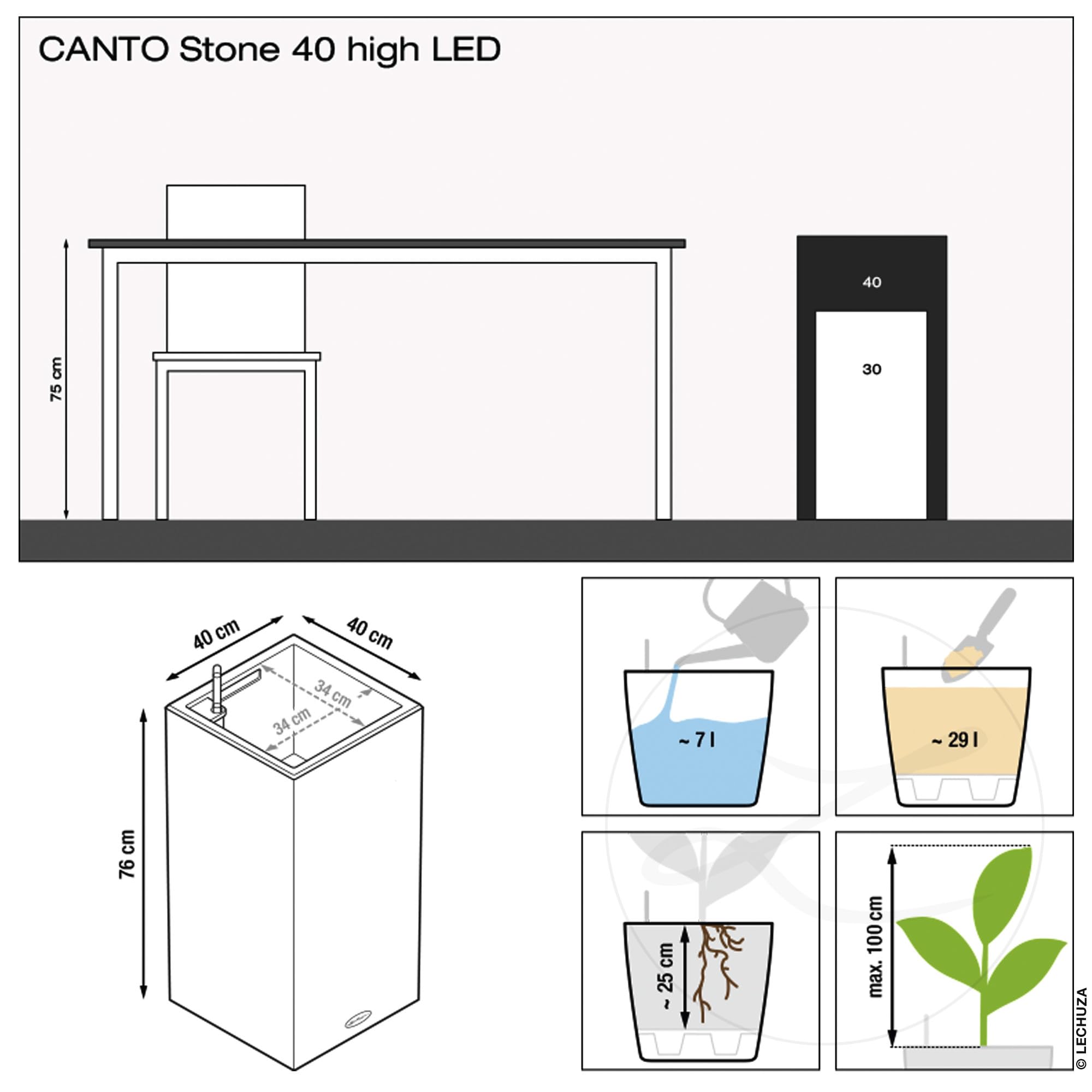 Lechuza Canto Stone 40 LED high Pflanzsäule steingrau Bewässerung