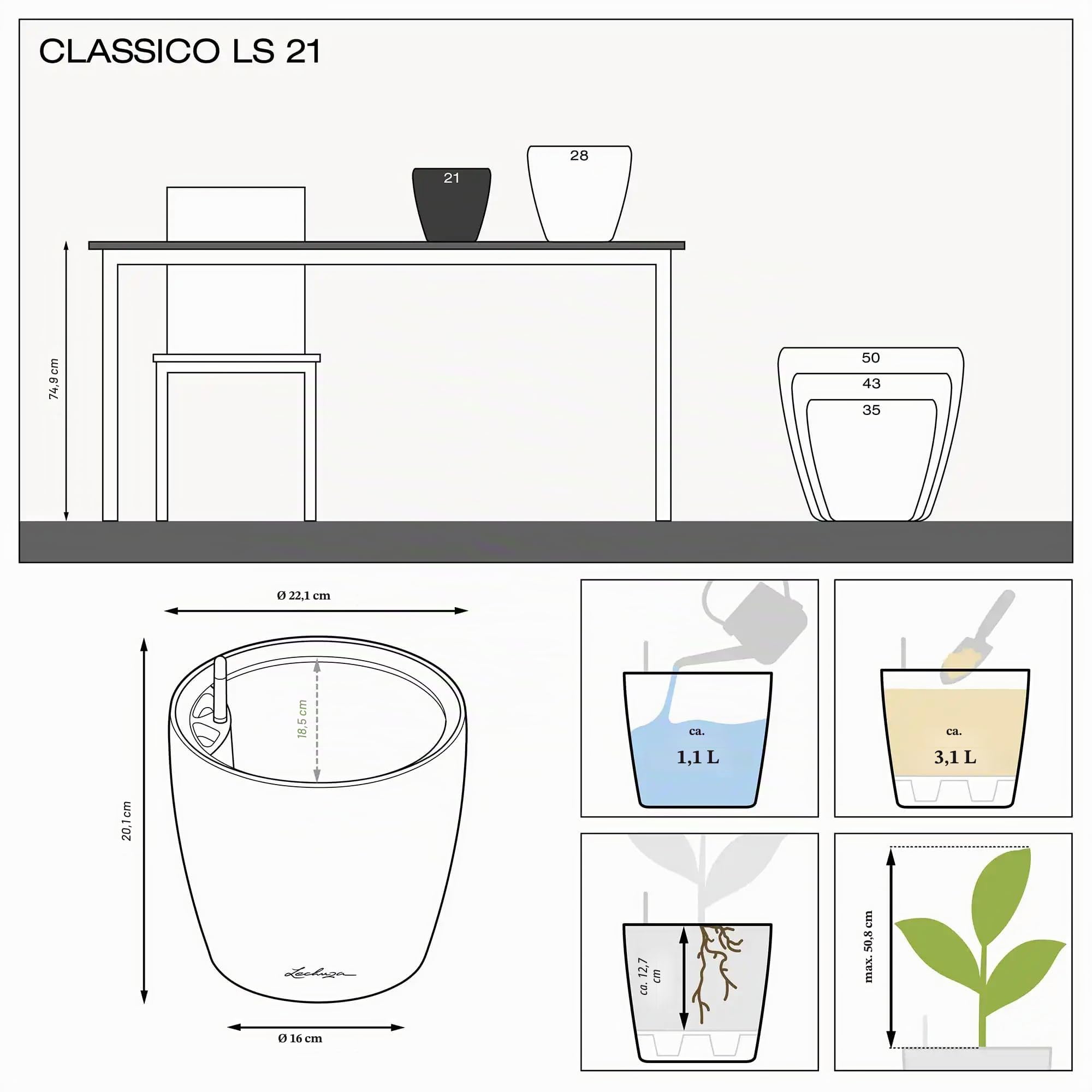 Lechuza Classico Color LS 21 Pflanztopf Sandbraun mit Bewässerung