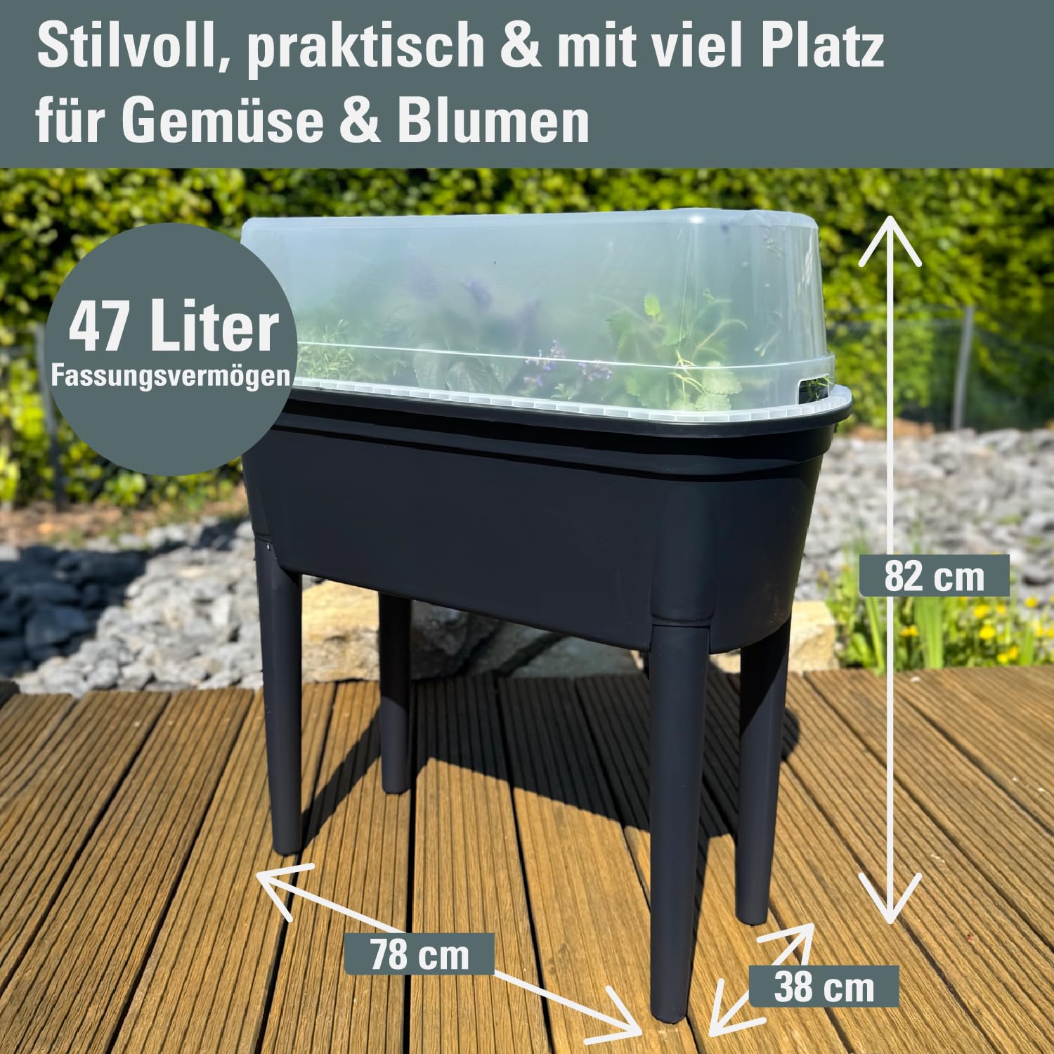 Prosperplast Bloomo Hochbeet Anthrazit 78 cm mit Deckel