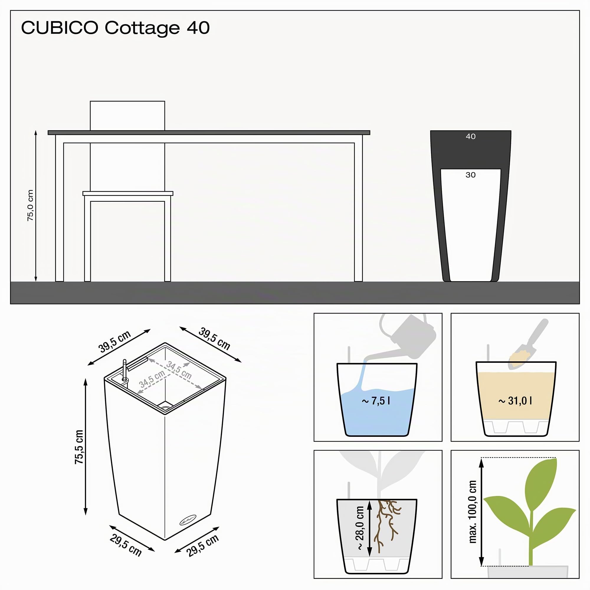 Lechuza CUBICO Cottage 40 Pflanzgefäß Granit Rattan