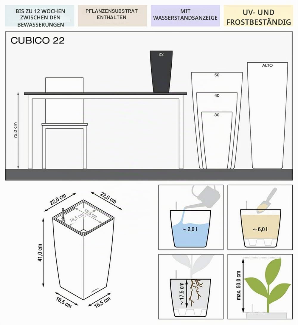 Lechuza CUBICO Premium 22 Pflanztopf Silber Bewässerung
