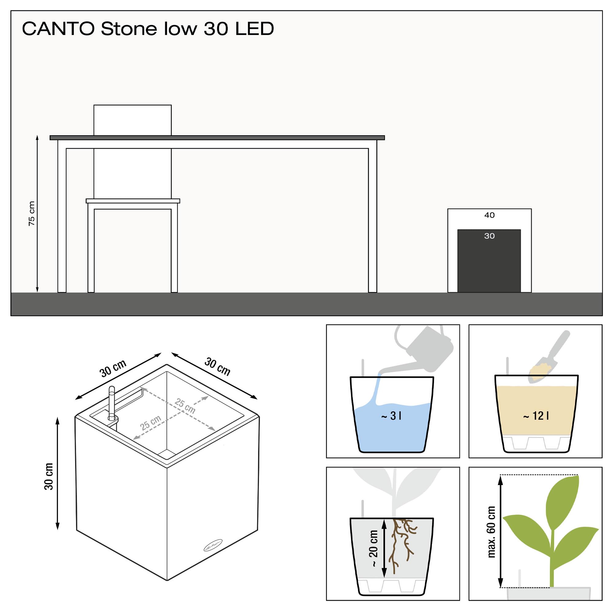 Lechuza Canto Stone 30 Low LED Pflanzgefäß graphitschwarz